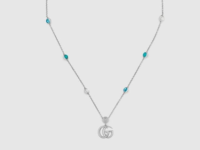 Double G Necklace with Mother of Pearl and Blue Topaz Stations