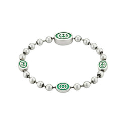 Gucci Interlocking Sterling Silver & Green Enamel Bracelet